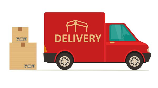 Red delivery van with shadow and cardboard boxes fragile signs