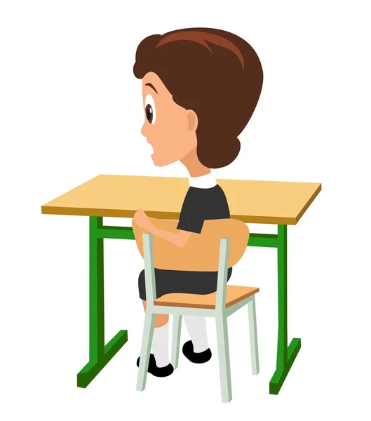 Μαθήτρια κάθεται σε ένα γραφείο στροφή μισό-γυρίζω. — Διανυσματικό Αρχείο