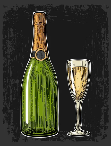 Copo de champanhe e garrafa. — Vetor de Stock
