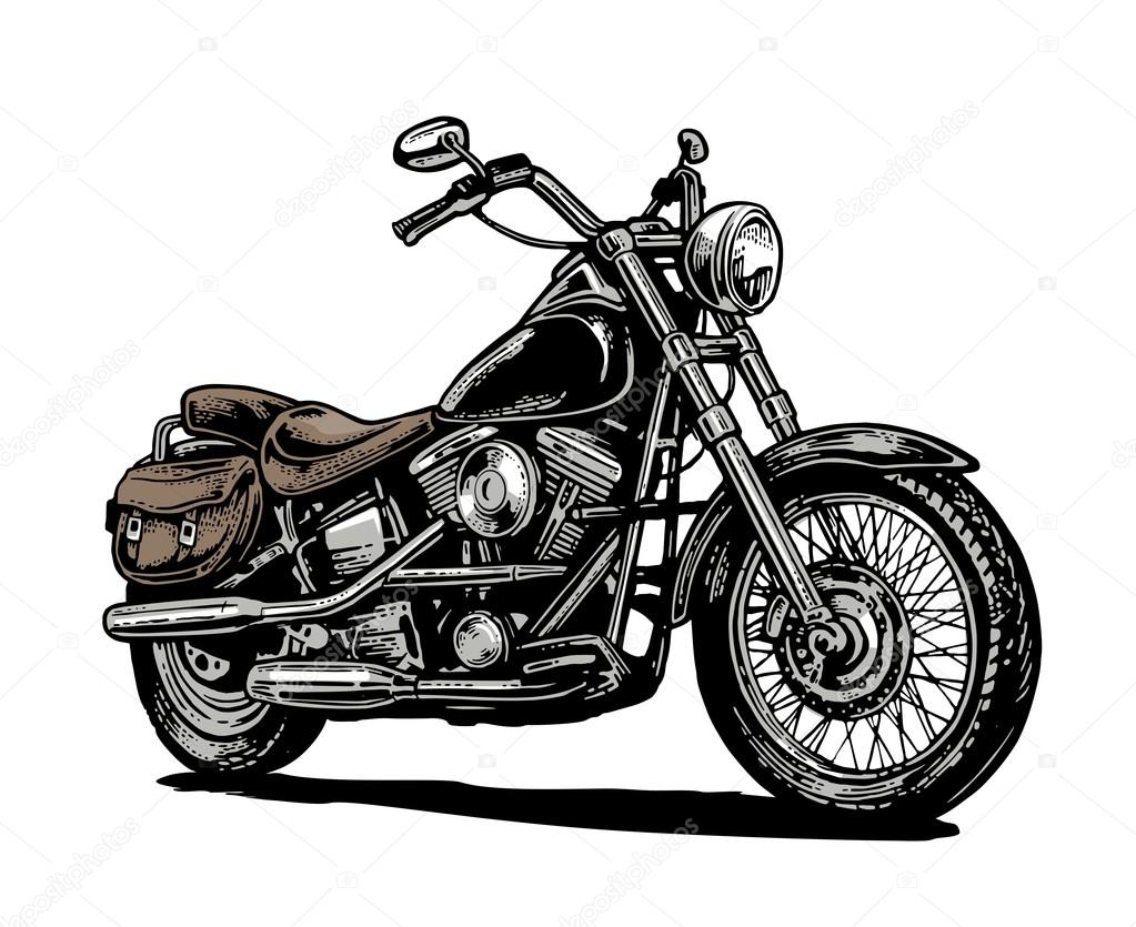 Motorcycle. Side view. Hand drawn classic chopper bike in engraving style. Vector color vintage illustration isolated on white background. For web, poster, t-shirt, club.
