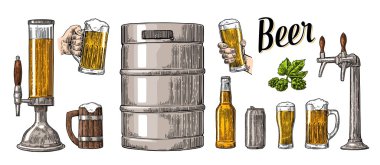 Beer set with two hands holding glasses mug and tap, can, keg, bottle. clipart