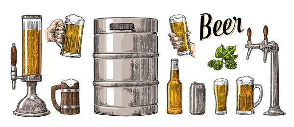Set di birre con due mani che tengono bicchieri tazza e rubinetto, lattina, fusto, bottiglia . — Vettoriale Stock