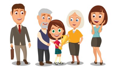 Mutlu bir aile. Sürpriz kadın yüz ve işadamı bir evrak çantası elinde