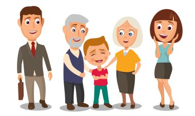 Mutlu bir aile. Sürpriz kadın yüz ve işadamı bir evrak çantası elinde