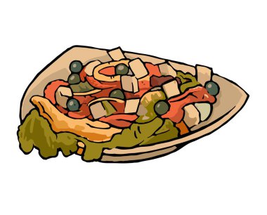 Sebze salata domates, beyaz peynir, Siyah Zeytin, biber tabağa.
