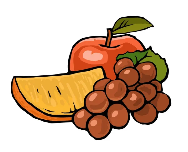 Maçã, cacho de uvas com folha e laranja . — Vetor de Stock