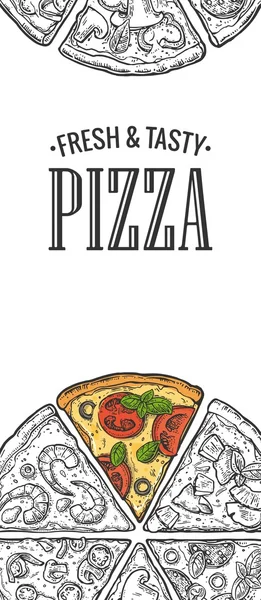Affisch med slice pizza Pepperoni, Hawaiian, Margherita, mexikanska, skaldjur, Capricciosa. — Stock vektor