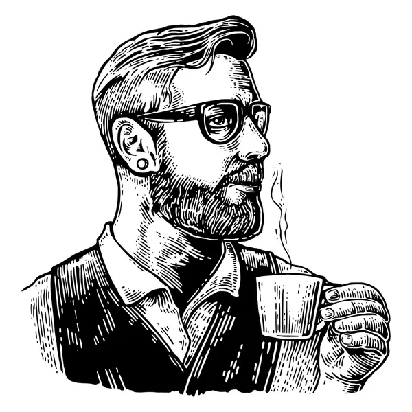 Hipster barista with the beard holding a cup of hot coffee. — Stock Vector