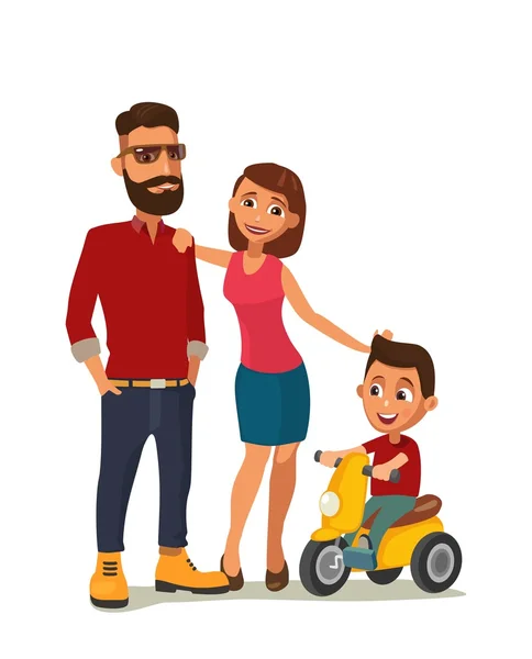 Una famiglia felice. Hipster con le scarpe gialle e una camicia rossa . — Vettoriale Stock