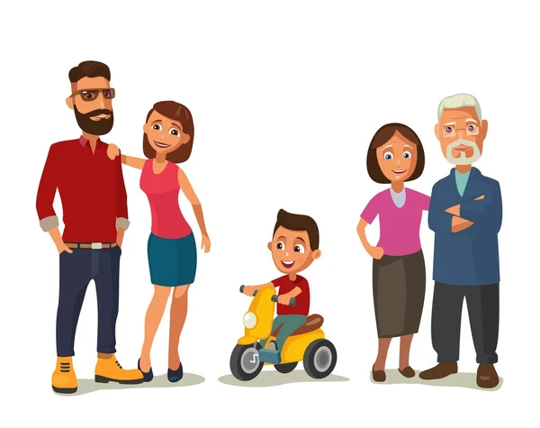 Familia feliz. Padres, abuelos e hijos en un triciclo . — Vector de stock