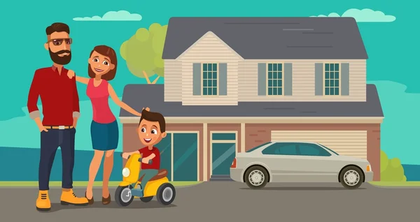 Familia. Padres, abuelos y niños en un triciclo en el fondo con la casa y el coche . — Vector de stock