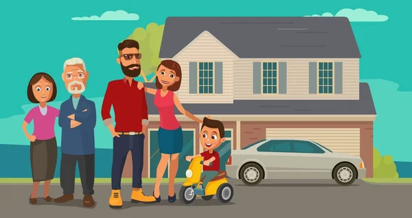 Familia. Padres, abuelos y niños en un triciclo en el fondo con la casa y el coche . — Vector de stock