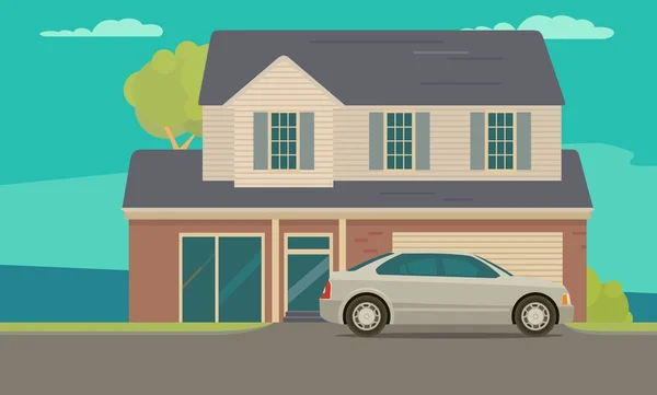Casa y coche cerca del garaje. Ilustración de vector de estilo plano . — Archivo Imágenes Vectoriales