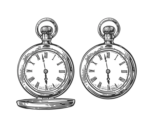 Relojes de bolsillo antiguos. Ilustración grabada vectorial vintage. Aislado sobre fondo blanco . — Vector de stock