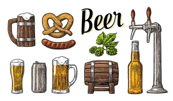 Set de cerveza con grifo, clase, lata, botella, barril, salchicha, pretzel y lúpulo. Ilustración de grabado vectorial vintage para web, póster . — Archivo Imágenes Vectoriales