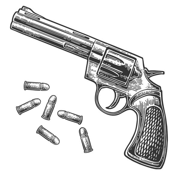 Revólver con balas. Grabado vectorial ilustraciones vintage . — Archivo Imágenes Vectoriales