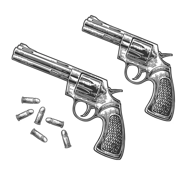 Two crossed revolver with bullets. Short and long barrels. Vector engraving vintage illustrations. — Stock Vector