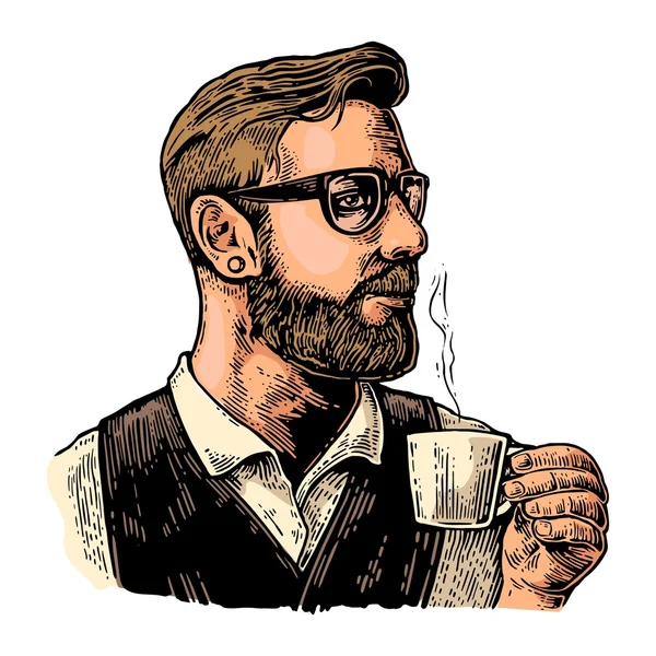 Hipster barista com a barba segurando uma xícara de café quente . — Vetor de Stock
