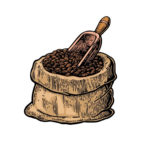 Säckchen mit Kaffeebohnen mit Holzlöffel. — Stockvektor