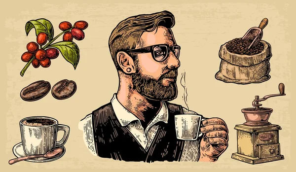 Hipster barista holding a cup of hot coffee Sack with coffee beans with wooden scoop and beans, cup, branch with leaf and berry. — Stock Vector