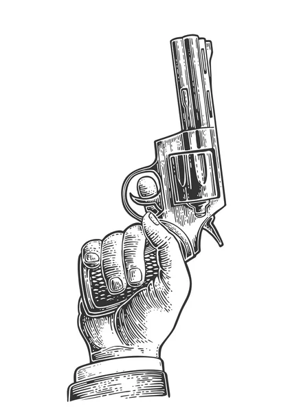 Рука тримає револьвер для запуску. Векторні гравюри старовинні ілюстрації . — стоковий вектор