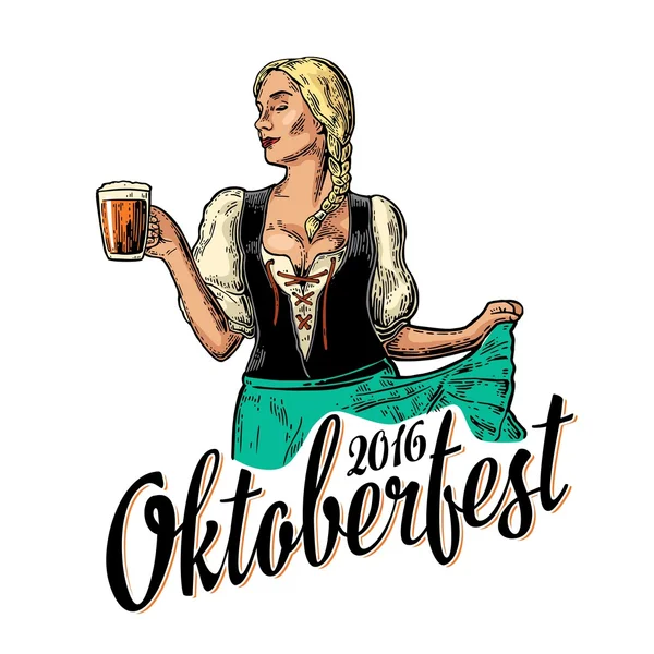 Jovem sexy Oktoberfest mulher vestindo um vestido tradicional bávaro dirndl dançando e segurando caneca de cerveja . — Vetor de Stock