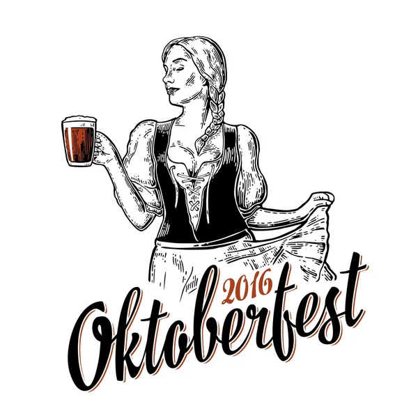 Młoda sexy kobieta Oktoberfest Noszenie tradycyjny bawarski strój dirndl taniec i trzymając kubek piwa. — Wektor stockowy