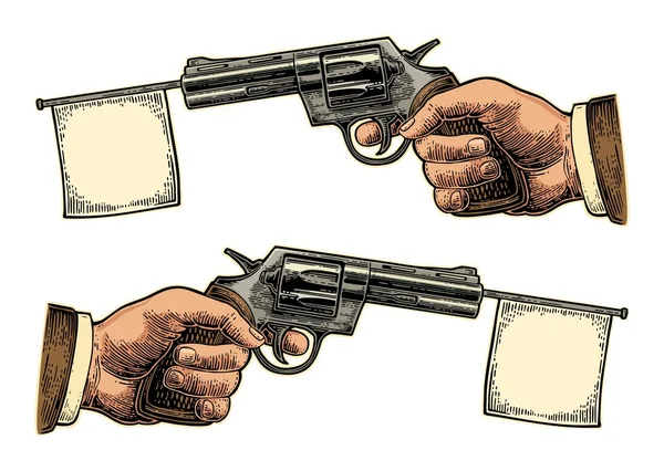 Muž držel revolver s příznakem pro text. Vektor gravírování vintage ilustrace. — Stockový vektor