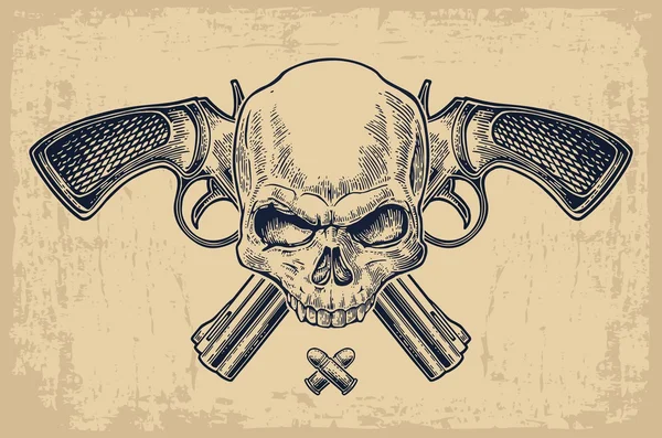 Two crossed revolver with bullets and skull. — Stock Vector