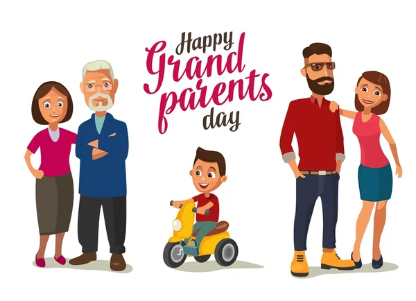 Una famiglia felice. Genitori, nonni e bambini su un triciclo . — Vettoriale Stock