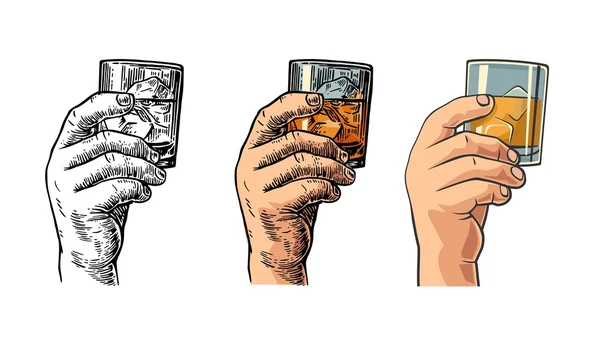 Male hand holding a glass with whiskey and ice cubes. — Stock Vector