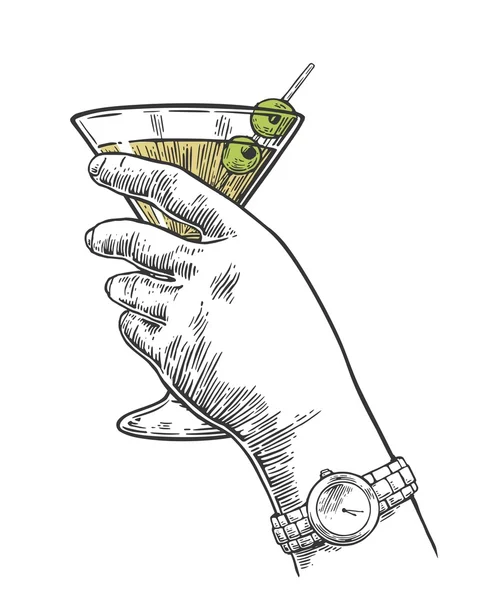 Mano femenina sosteniendo una copa de cóctel. Ilustración de grabado vectorial vintage para etiqueta, póster, invitación a una fiesta. Hora de beber. — Archivo Imágenes Vectoriales