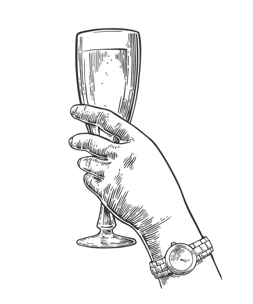 Mano femminile che regge un bicchiere di champagne. Illustrazione dell'incisione vettoriale vintage per etichetta, poster, invito a una festa — Vettoriale Stock