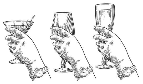Γυναικείο χέρι κρατώντας ένα ποτήρι κοκτέιλ, κρασί, σαμπάνια. — Διανυσματικό Αρχείο