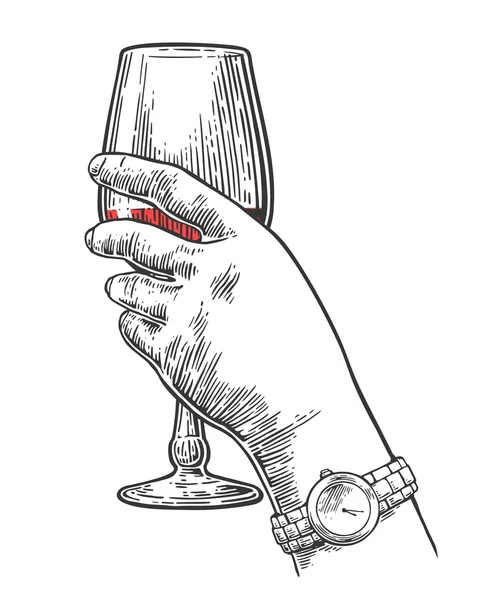 Vrouwelijke hand met een glas wijn. Vintage vector gravure illustratie voor het label, poster, uitnodiging voor een feest — Stockvector