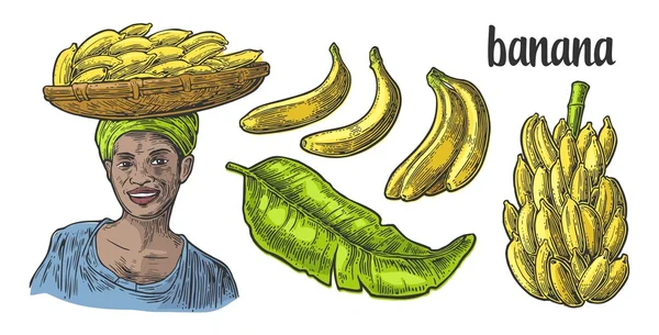 Dois solteiros e cachos de banana fresca com folha. Mulher africana carrega uma cesta com frutas na cabeça . —  Vetores de Stock