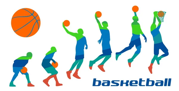 Establecer diferentes poses jugadores de baloncesto en siluetas . — Vector de stock