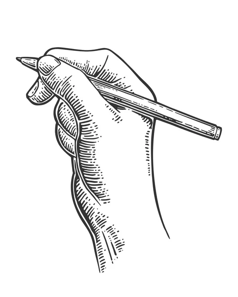 Mano femenina sosteniendo un lápiz. Vector grabado vintage negro — Vector de stock