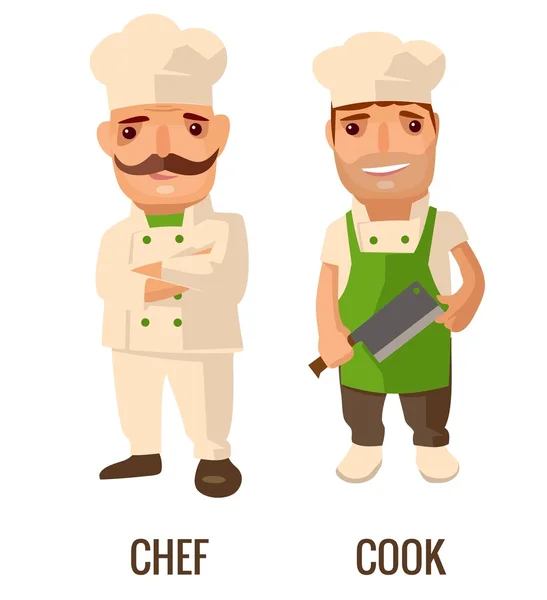 Cozinhe homem com faca. O cozinheiro orgulhoso com bigode cruzou os braços. Ilustração plana vetorial isolada sobre fundo branco —  Vetores de Stock