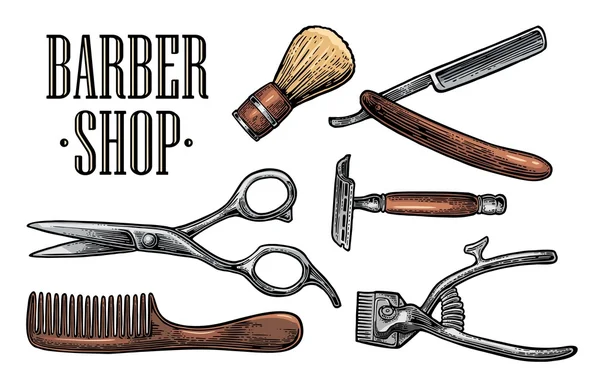 Set Werkzeug für Friseur mit Schriftzug — Stockvektor
