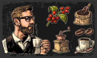 Kahve hazırla. Hipster barista bir fincan tutan, ahşap kepçe ve fasulye, fincan, yaprak ve meyve ile şube ile çuval.