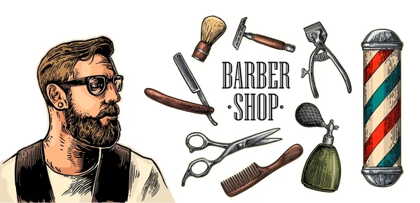 Head hipster and equipment for BarberShop — Stock Vector