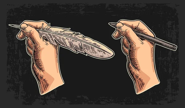 Vrouwelijke hand met een gans veren pen en papier. Vector kleur vintage gravure — Stockvector