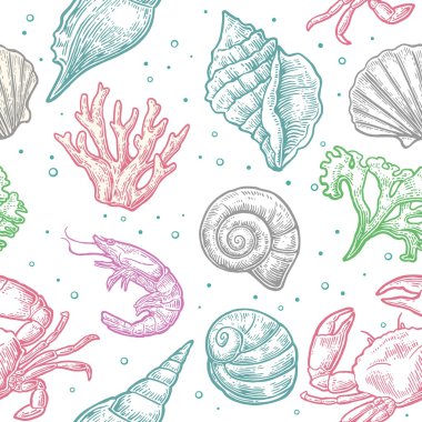 Seamless pattern sea shell, coral, crab and shrimp. Vector engraving vintage illustrations. Isolated on white background clipart