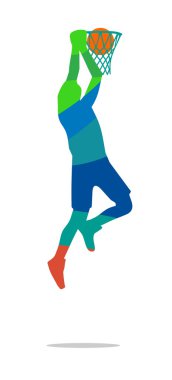 Basketbol oyuncusu atlar ve bir basketplayer topu atar.