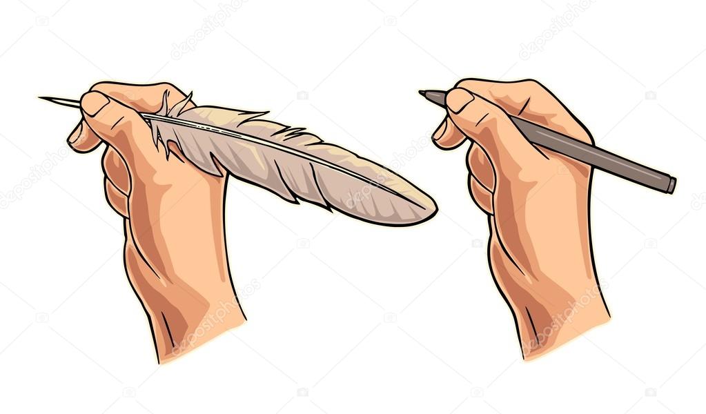 Female hand holding a goose feather and pencil. Vector color flat illustration
