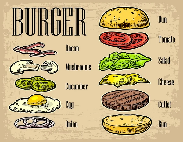 Burger ingredience na černém pozadí. — Stockový vektor