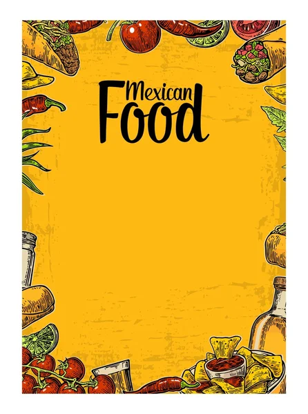 Templat menu restoran tradisional Meksiko dengan hidangan pedas . - Stok Vektor