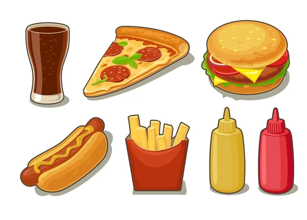 Ställ in snabbmat ikonen. Glas cola, hamburgare, pizza, hotdog, frites potatis i rött papper låda, flaskor ketchup och senap. Isolerad platta vektorillustration för menyer, broschyr, affisch, web — Stock vektor