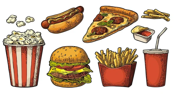 Поставьте фаст-фуд. Стакан колы, гамбургер, пицца, хот-дог, картофель фри в бумажной коробке, ведро полный попкорн и кетчуп . — стоковый вектор